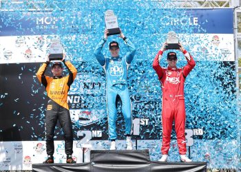 Scott McLaughlin standing third on podium for Grand Prix of St Petersberg 2024