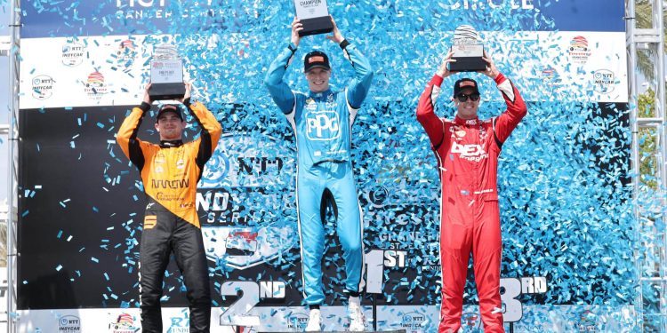 Scott McLaughlin standing third on podium for Grand Prix of St Petersberg 2024