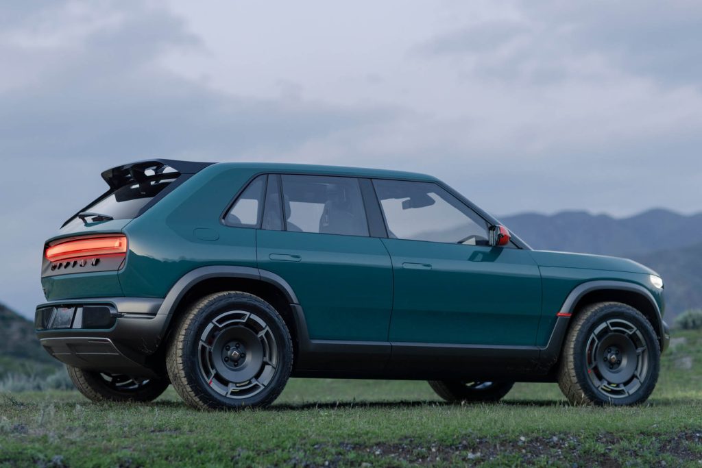 Rivian R3X rear three quarter view