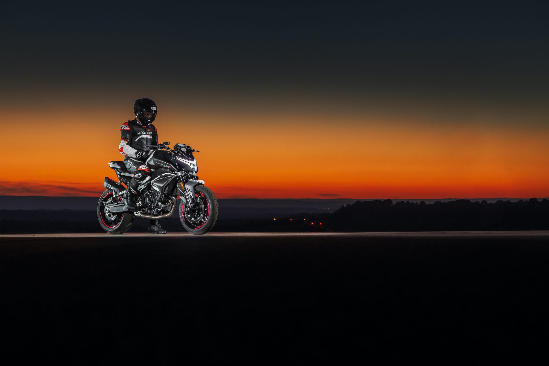 CFMoto 800NK at sunset.