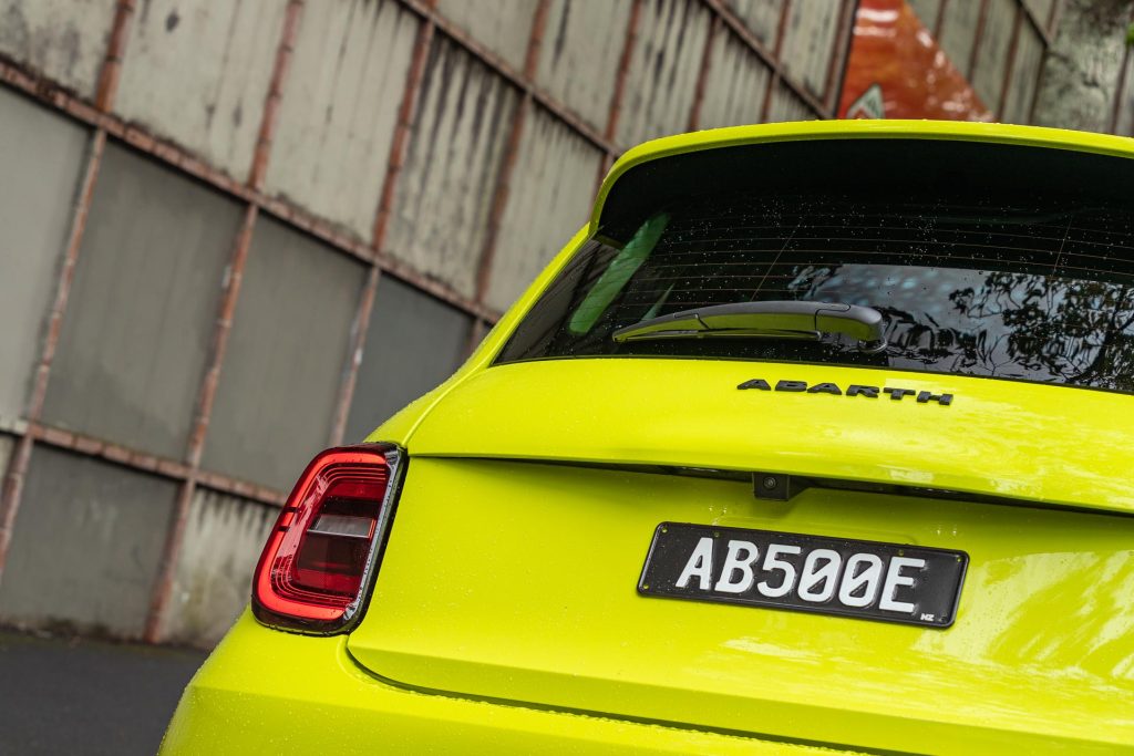 Rear tail light detail on the Abarth 500e Scorpionissima