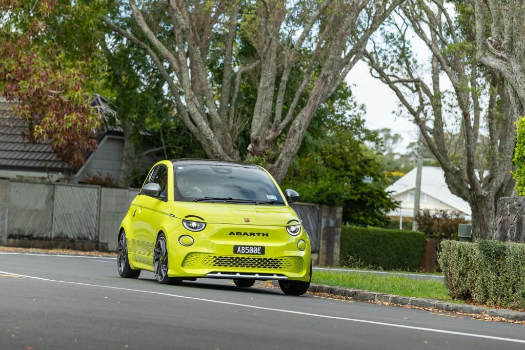 Abarth 500e Scorpionissima cornering at pace