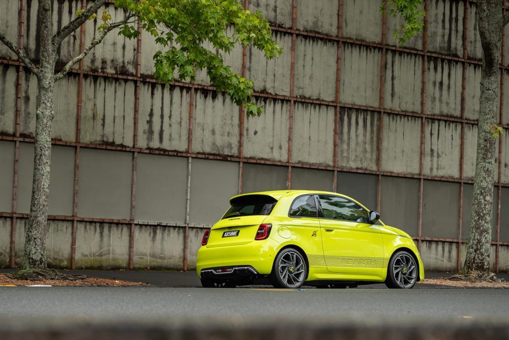 Rear quarter of the Abarth 500e Scorpionissima, in Acid Green paint