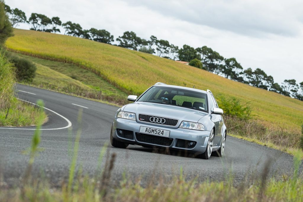 Audi RS4 B5 cornering at pace, in silver