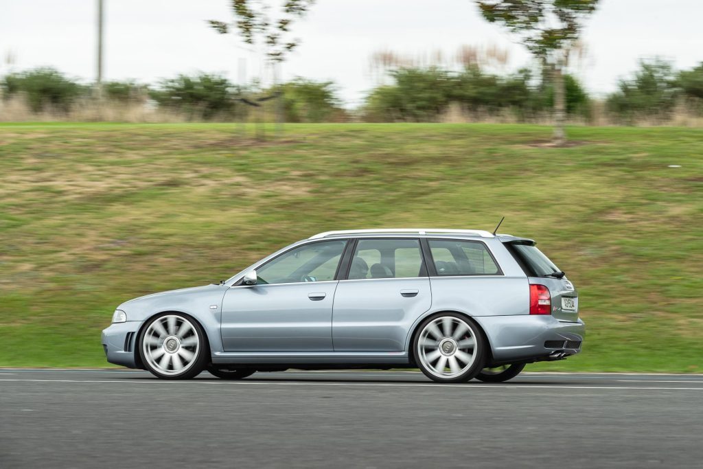 Audi RS4 B5 in silver panning shot