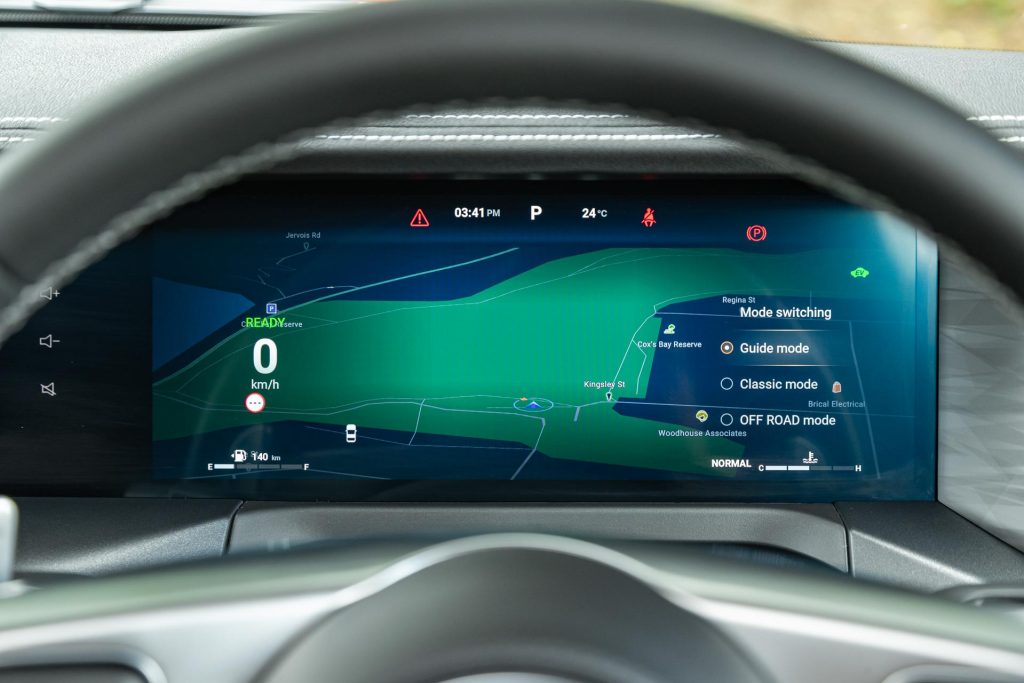 Front driver's display screen in the GWM Tank 300 Lux Hybrid, showing map