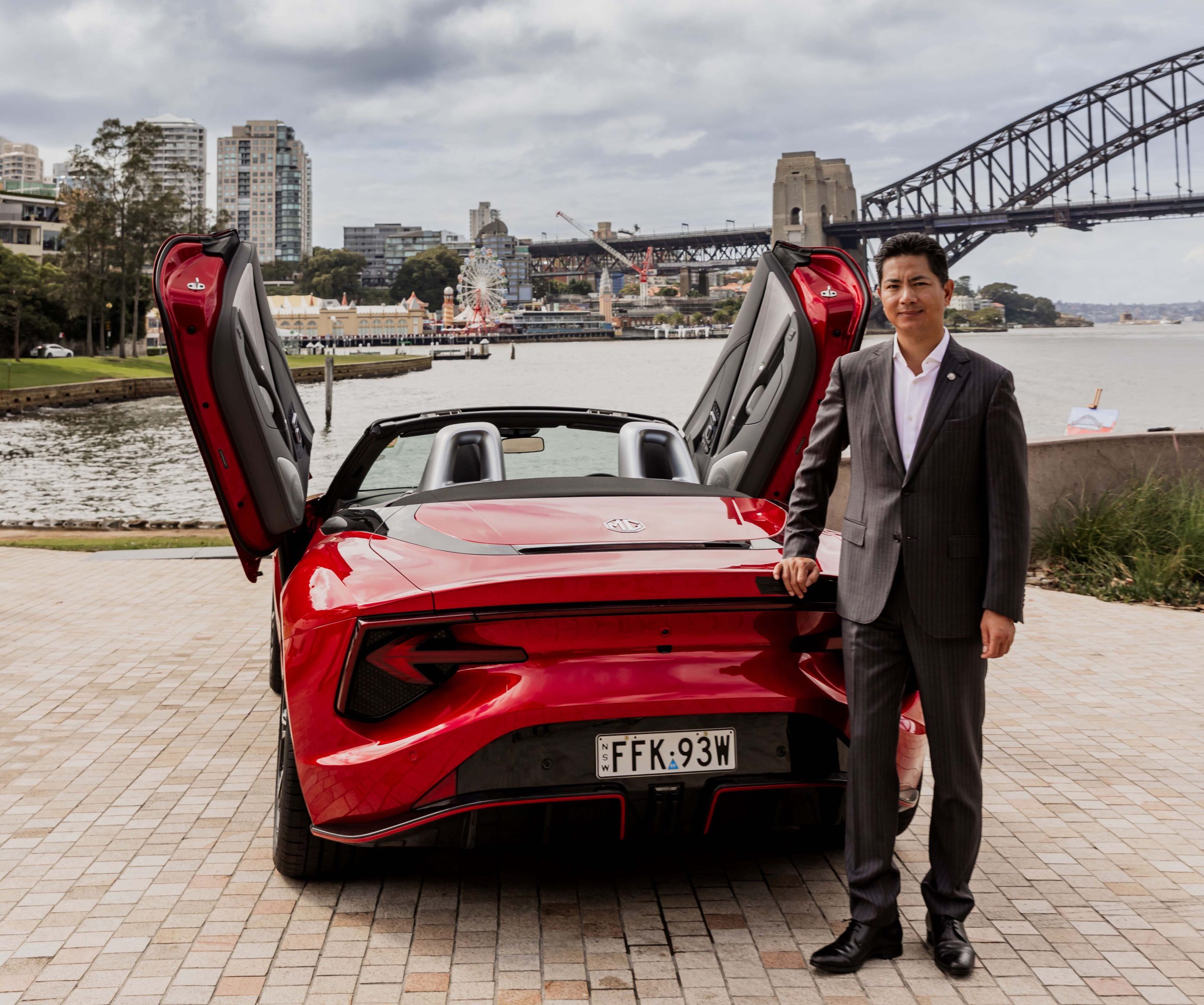 Peter Ciao, CEO of MG Australia and New Zealand, poses beside MG Cyberster.