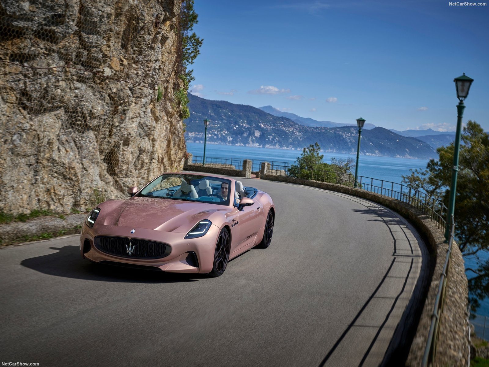 Maserati GranCabrio Folgore driving in Europe somewhere.