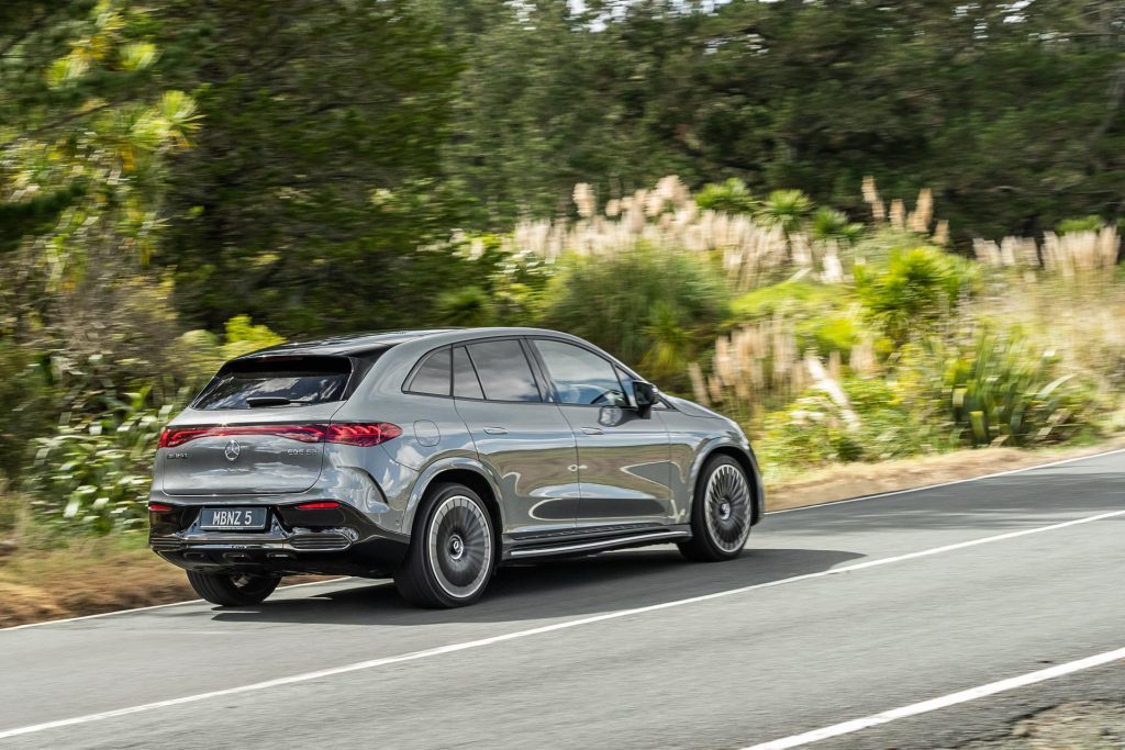 Mercedes-AMG EQE 53 4matic+ showing the rear, during a corner