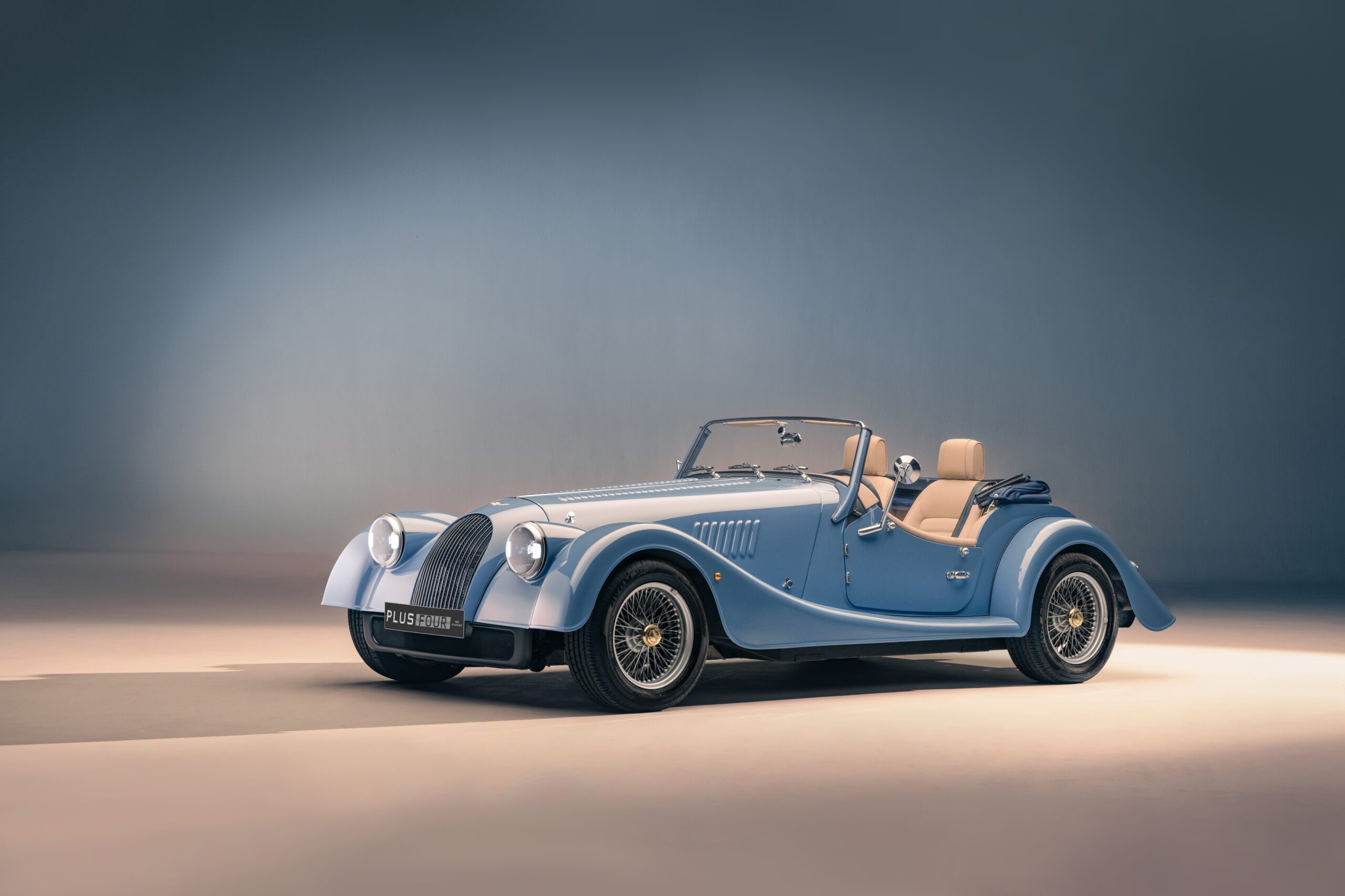 Morgan Motor top down and showing off new wings and headlights.