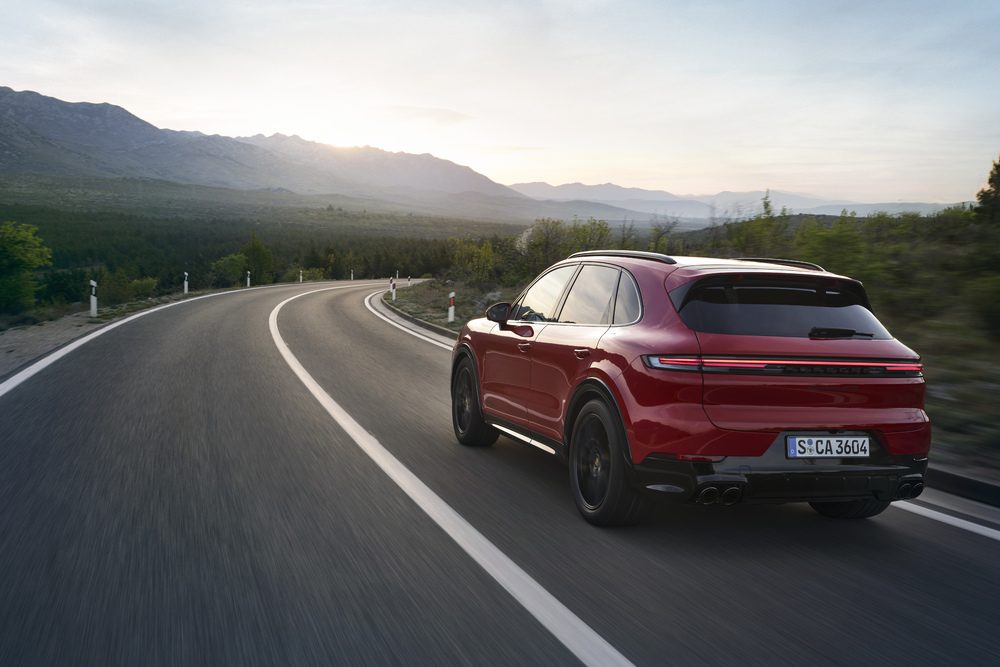 Cayenne GTS rear shot, on road.