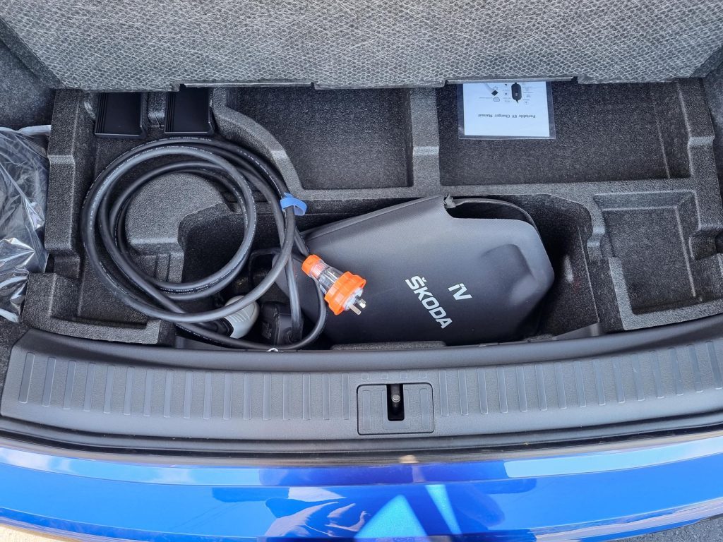 Charging cable boot storage compartment in the Skoda Enyaq Sportline 80
