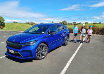 Skoda Enyaq Sportline 80 front quarter shot in blue