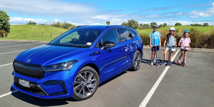 Skoda Enyaq Sportline 80 front quarter shot in blue