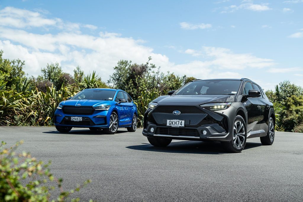 Skoda Enyaq Sportline 80 parked next to a Subaru Solterra 