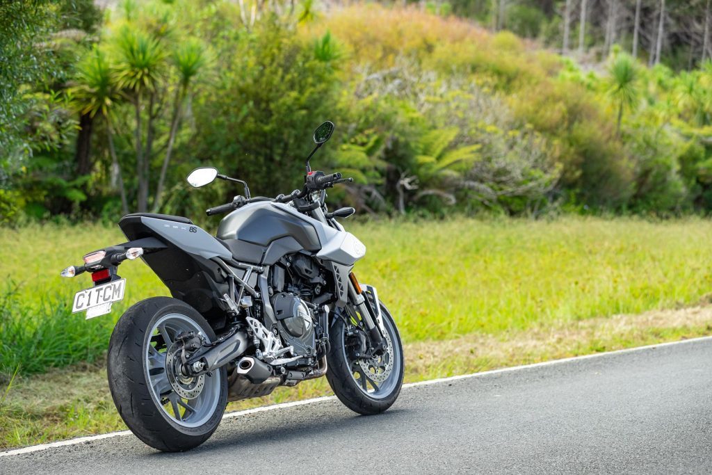 rear angle of the Suzuki GSX-8S, parked up leaning on its stand