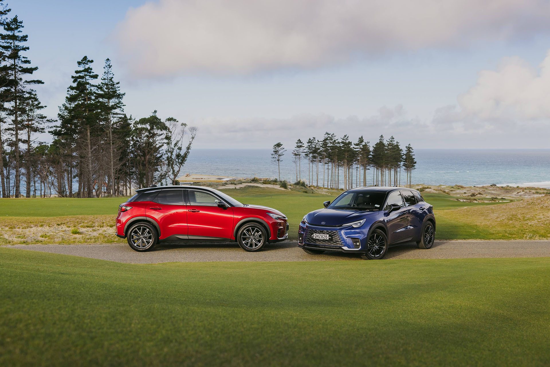 Lexus LBX parked at golf club, probably Te Arai Links course.