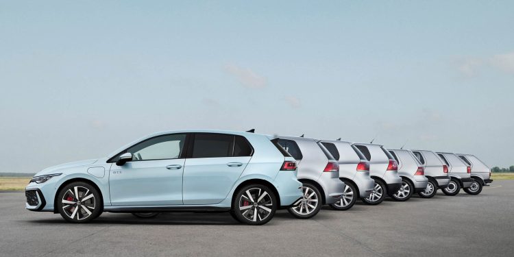 Eight generations of Volkswagen Golf lined up