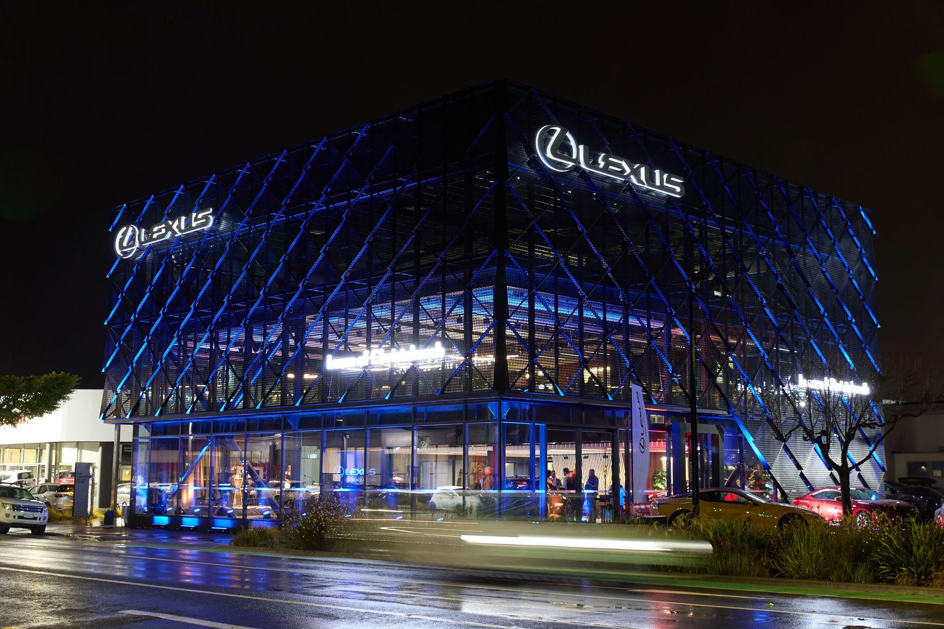 Lexus new dealership at night.