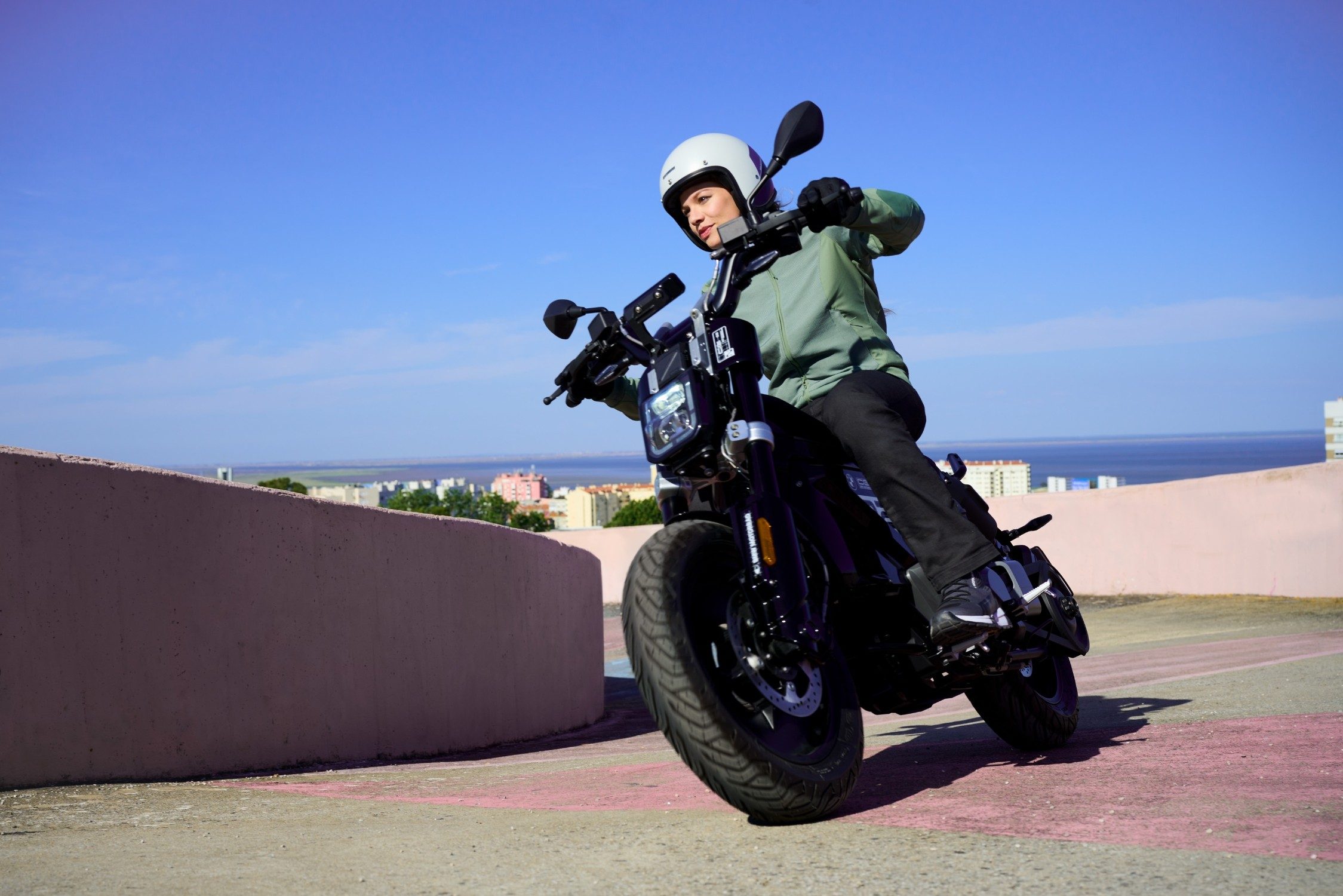 Electric bike cornering in parking building. 