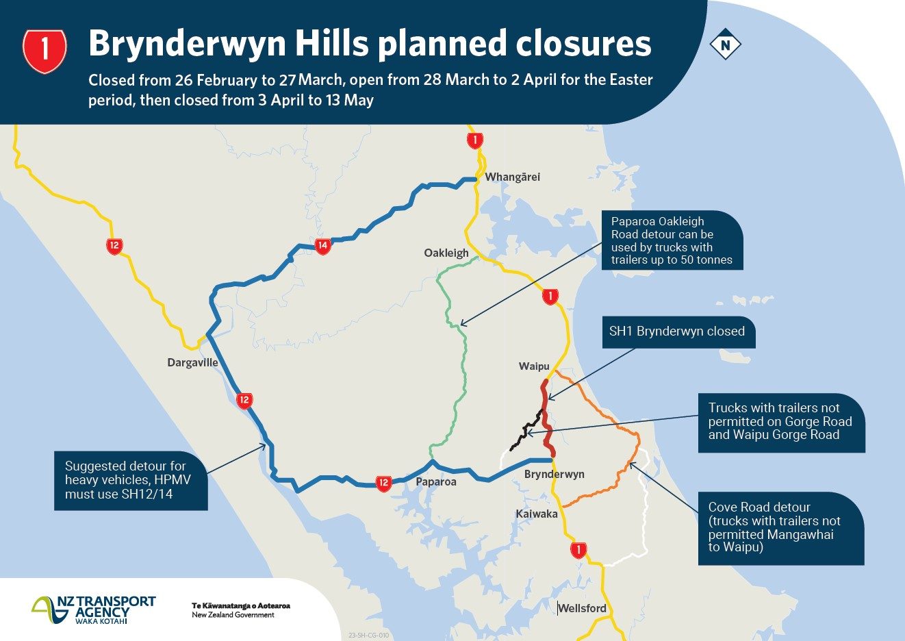 Alternative routes for traffic to bypass SH1 Brynderwyn. 