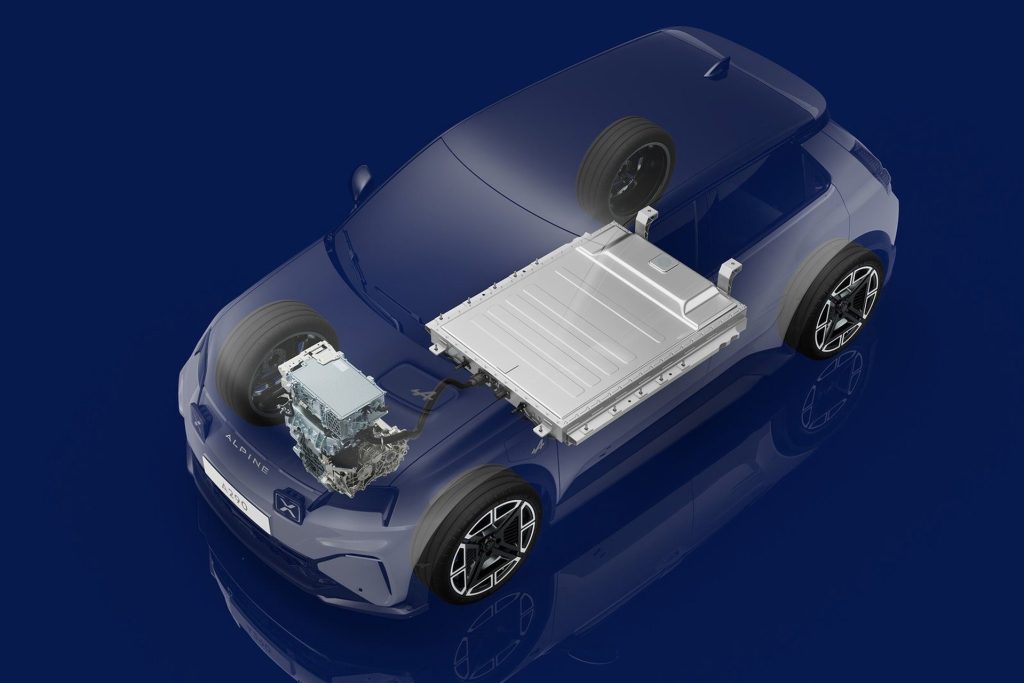 Cutaway shows motor, battery and front-drive status.