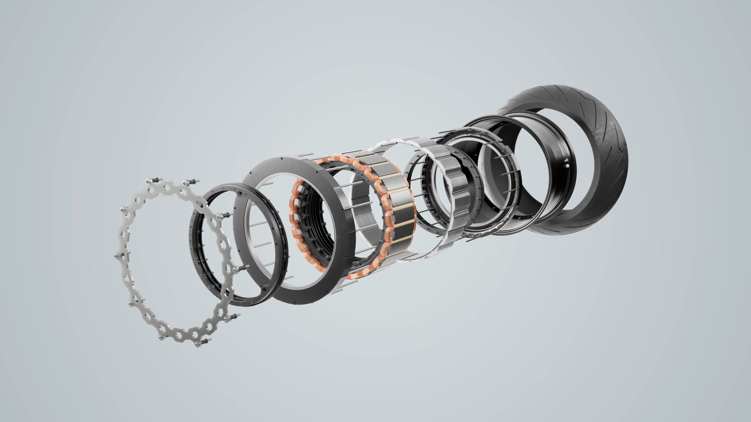 An exploded image of the Donut in-wheel motor.