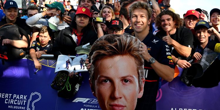 MELBOURNE, AUSTRALIA - MARCH 14: Liam Lawson of New Zealand and Oracle Red Bull Racing meets some fans prior to practice ahead of the F1 Grand Prix of Australia at Albert Park Grand Prix Circuit on March 14, 2025 in Melbourne, Australia. (Photo by Clive Mason/Getty Images) // Getty Images / Red Bull Content Pool // SI202503140010 // Usage for editorial use only //