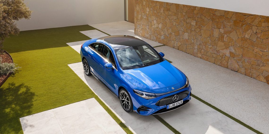Mercedes-Benz CLA in blue on concrete pad