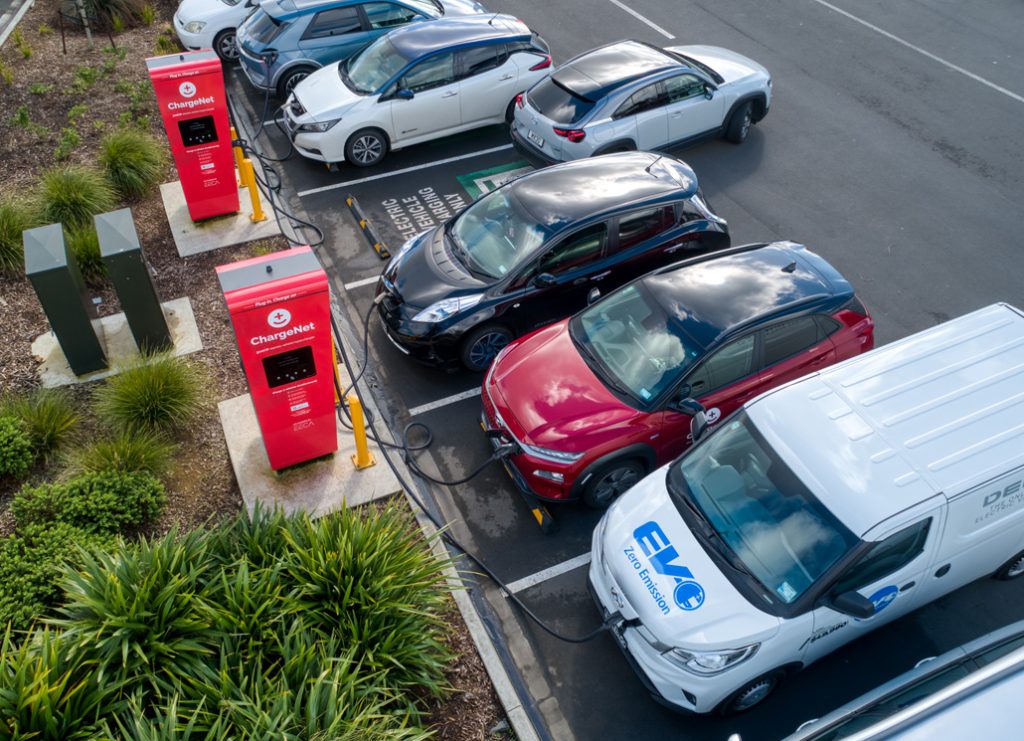 Cars lining up for a recharge at a ChargeNet station.
