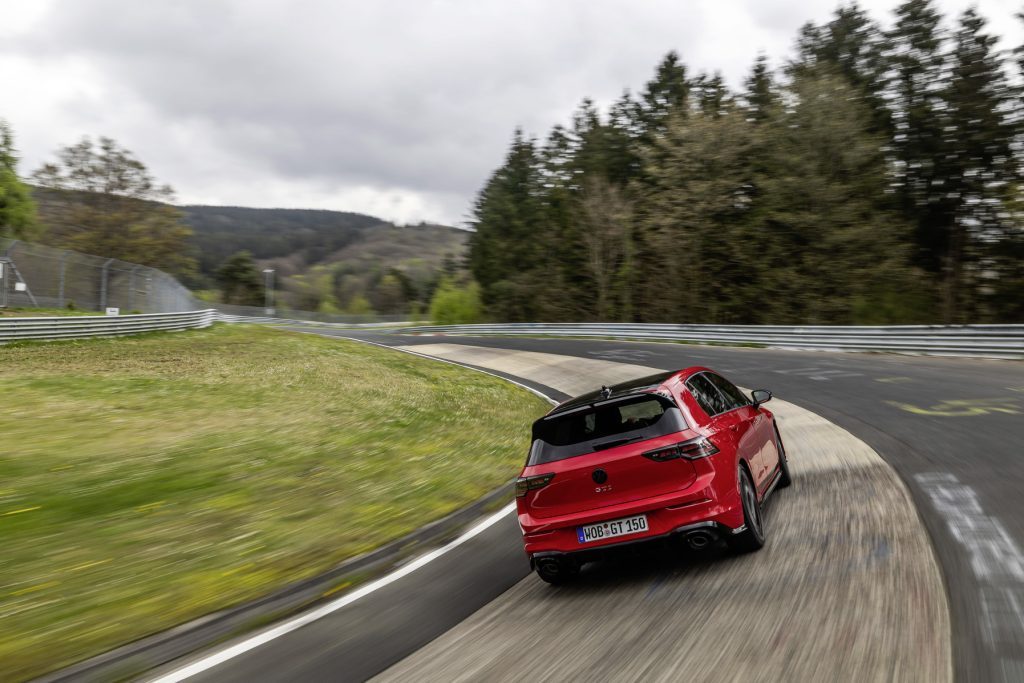 Here, the hot GTI makes its way around the Karussell, the most famous corner in the Nurburgring.