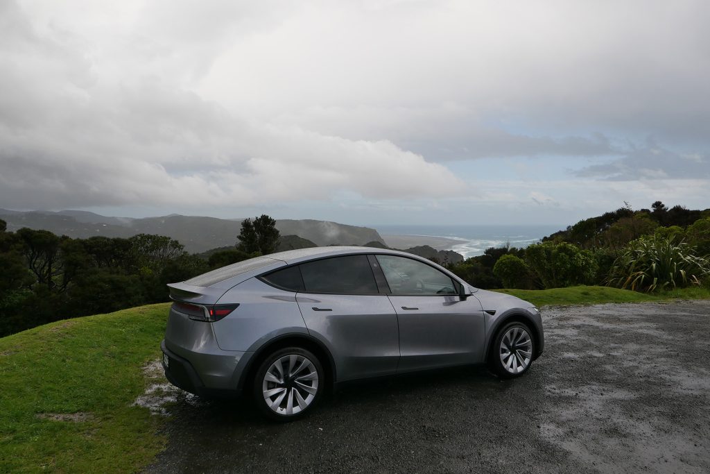 Dark dull day for the launch drive of the Tesla Model Y. This features optional 20-inch wheels.