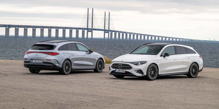Mercedes-Benz CLA Shooting Brake together in front of a bridge