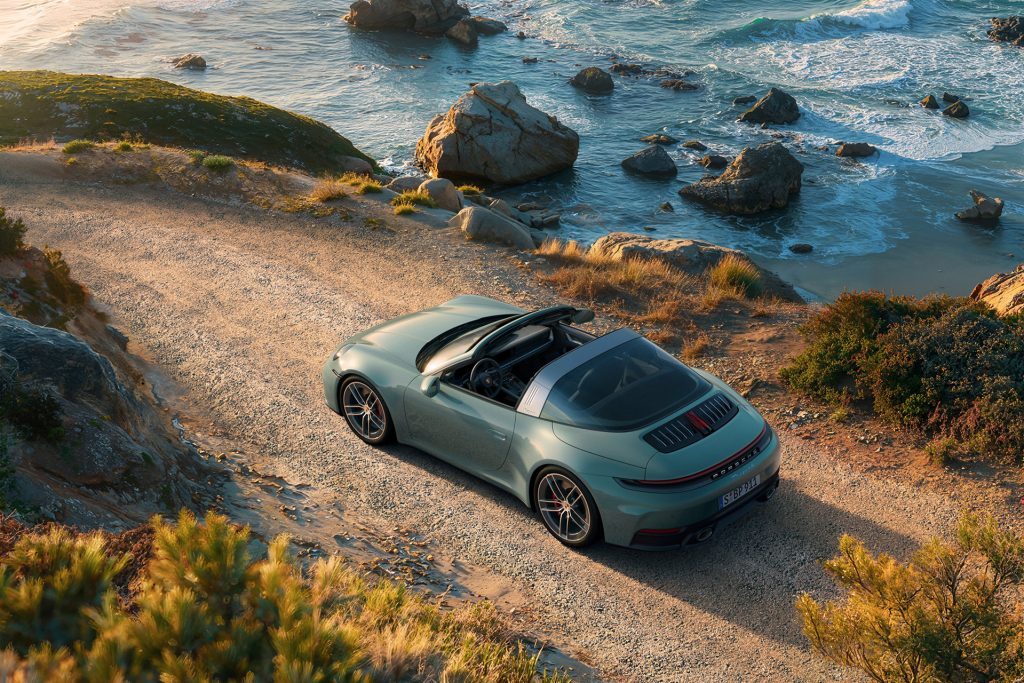 The drone shot of the 911 Carrera 4S Targa.