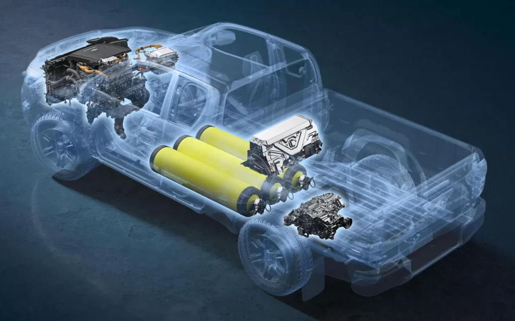 What a fuel cell vehicle looks like beneath the body.