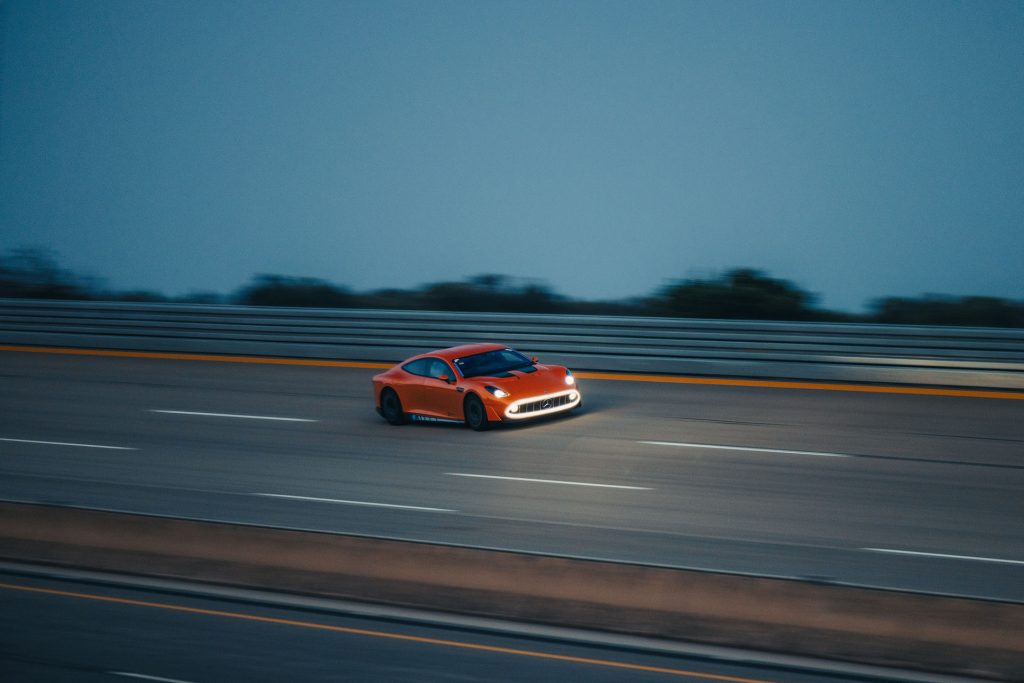 GT XX at speed at night.