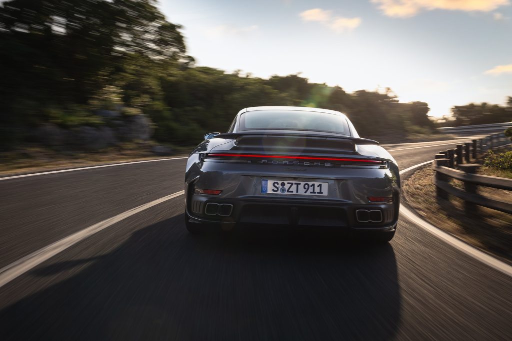 The rear of the coupe, as it shoots into the distance.