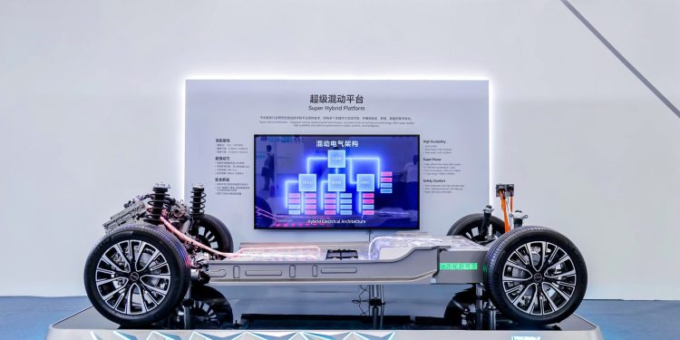 Chery super hybrid platform on a stage under lights
