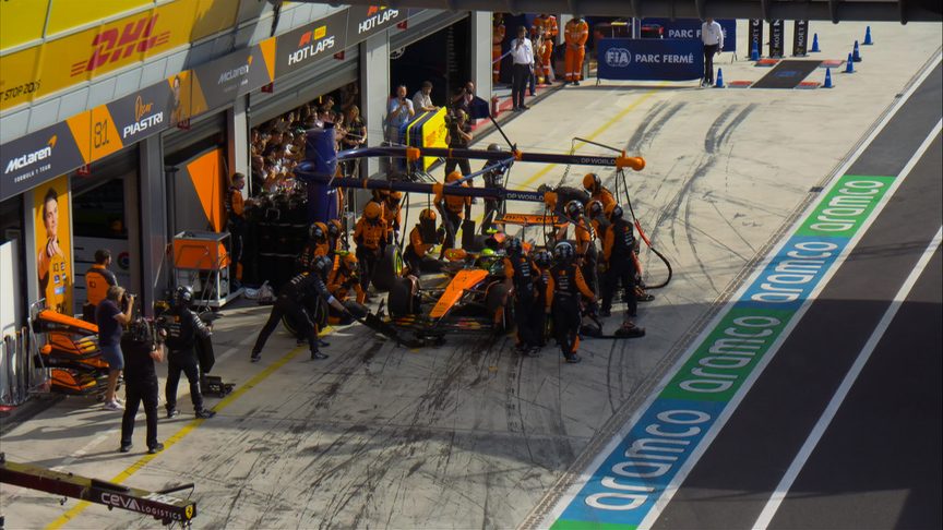 Pandemonium in the McLaren pit as a wheel gun jammed.