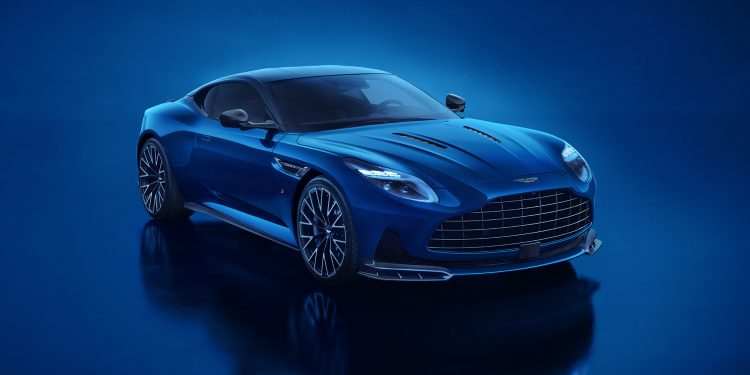 Blue Aston Martin DB12 S on a blue background