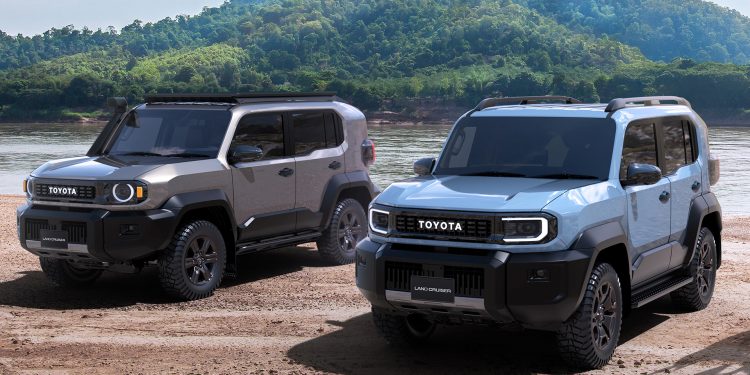 Two Toyota FJ models on the banks of a river
